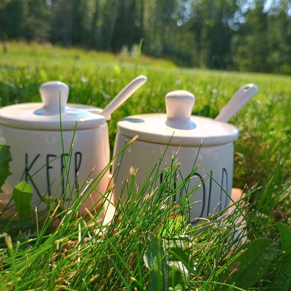 Rae Dunn Keep Hold ceramic serving pots w spoons, lids & base, farmhouse style